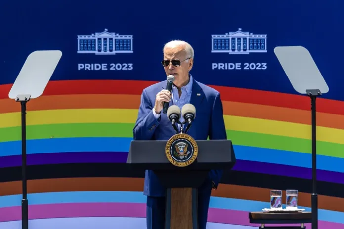 U.S. President Joe Biden speaks at the "pride" month celebration on the South Lawn of the White House on June 10, 2023 in Washington, D.C.